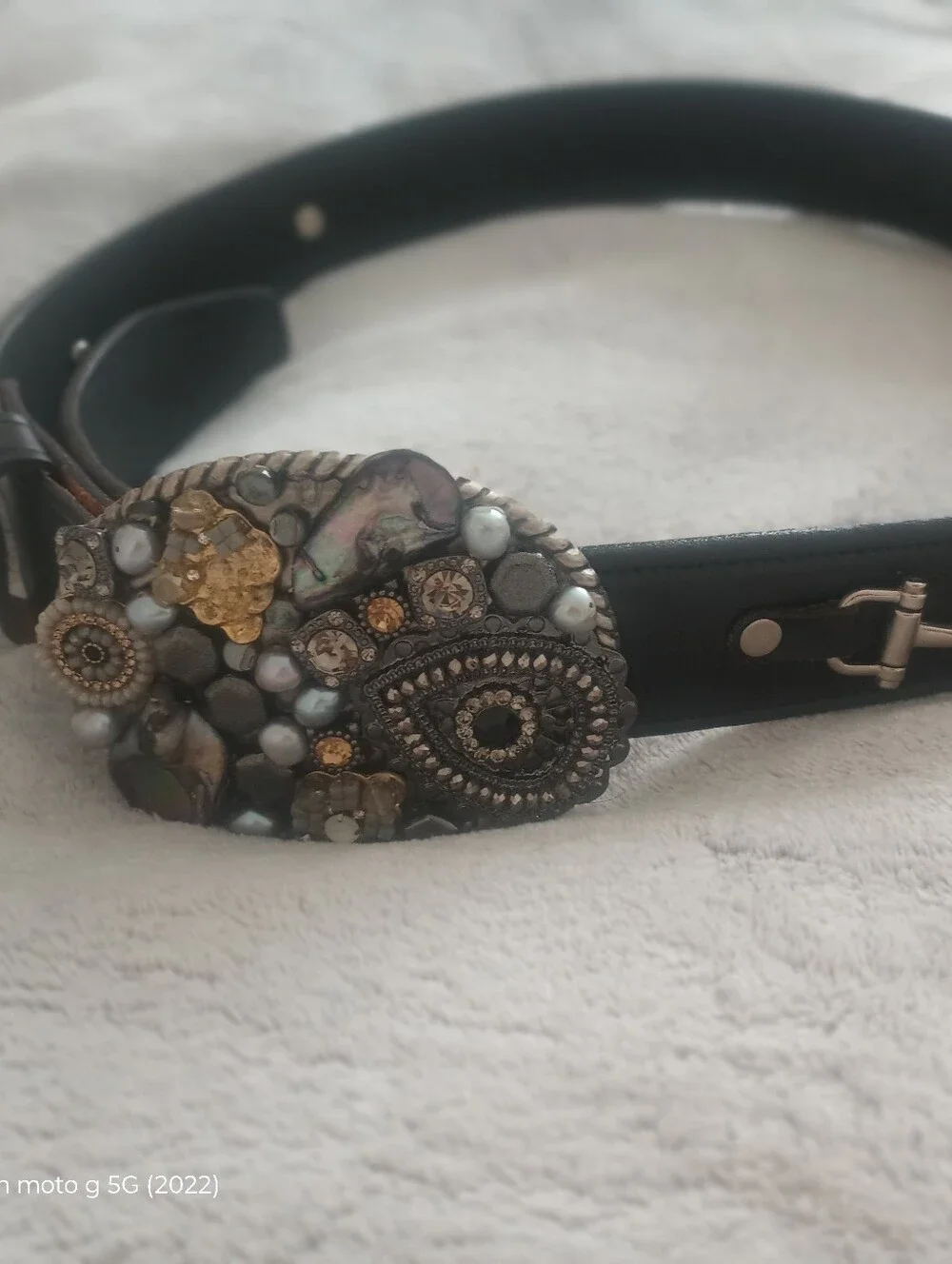 Stacy Bradley Mosaic Buckle On Tory English Bridle Black Leather Belt Size 30